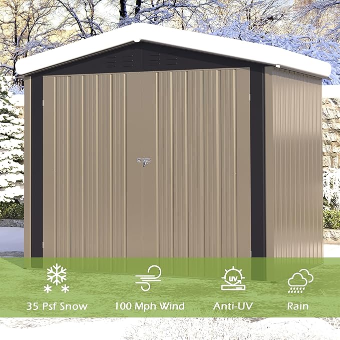 Outdoor Metal Shed,6×4 FT Metal Shed with Peaked Roof and Lockable Double Doors,Waterproof Outdoor Tool Storage Clearance for Backyard,Garden,Brown
