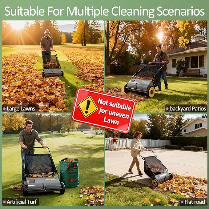 26" Push Lawn Sweeper with 7.5 cu. ft Mesh Collection Hopper Bag, 100L Leaf Bag, 4 Adjustable Height Spinning Brushes, Steel Frame & Rubber Wheels – Quick Cleaning for Leaves and Grass,Grey