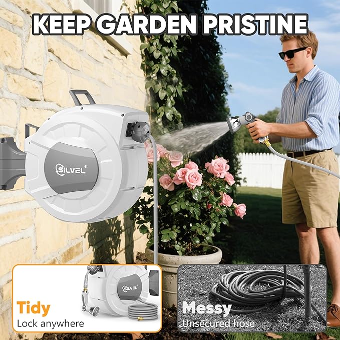 SILVEL Retractable Garden Hose Reel,1/2 in x 75ft Wall Mount Heavy Duty Automatic Hose Reel with 10 Pattern Nozzle, Any Length Lock & Slow Return System, 180°Swivel Bracket Upgraded UV Resistant