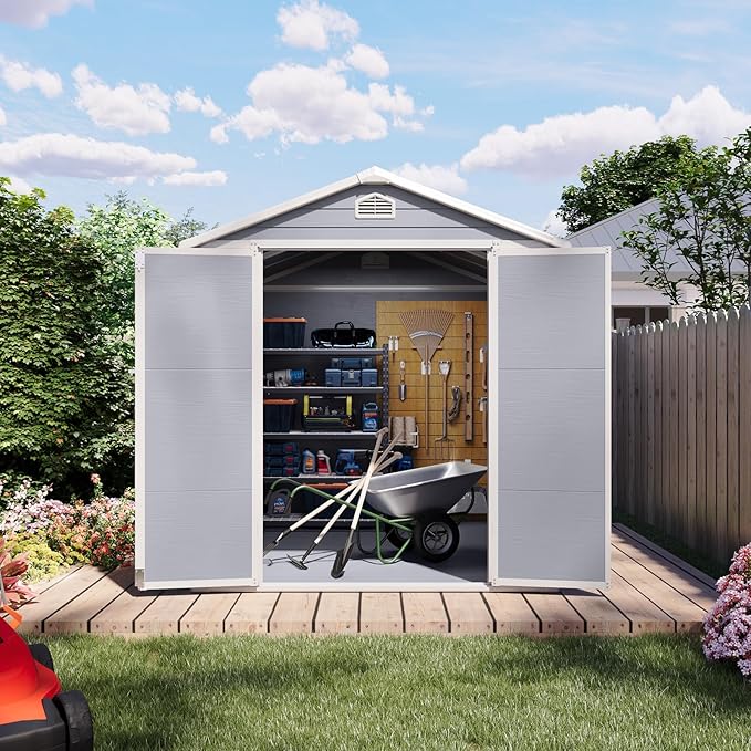 Storage Shed Plastic Outdoor Storage Shed Waterproof Container House with Lockable Door and Transparent Window for Garden, Lawn, Backyard(6x8FT)