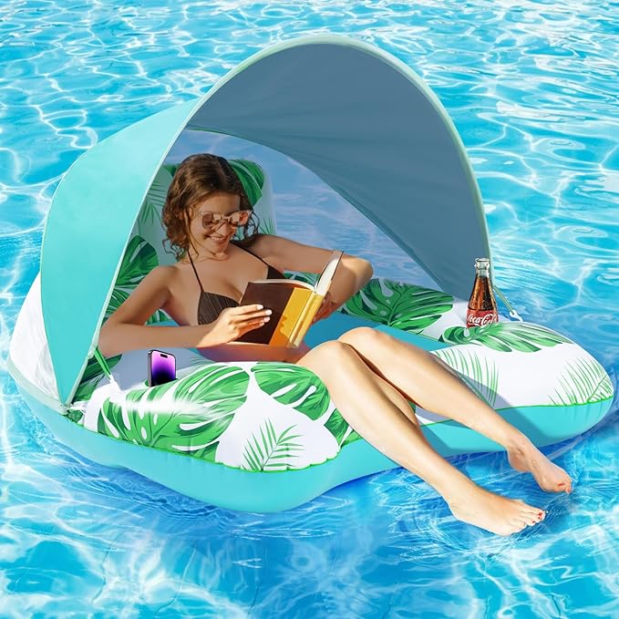 【Upgraded】 Pool Floats Adult with Canopy, XL Inflatable Pool Floaties for Adults Heavy Duty, Pool Chair and Lounge for Swimming in Pool Beach Lake, Float for Pool Floating with Cup Holder, Backrest