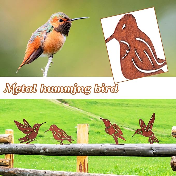5PCS Rusty Birds Decoration, Outdoor Metal Birds Decor for Yard, Wall & Fence - Hummingbirds Craft Statue Ornaments - Garden Sculptures and Yard Art - Rustic Garden/Farmhouse Decor, Double-Side Design