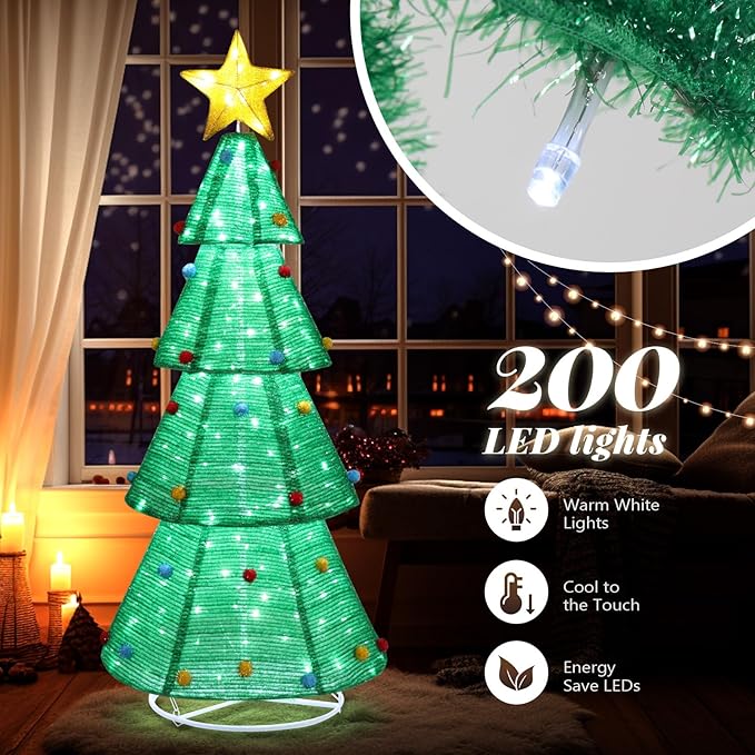 Outvita 6ft Christmas Tree Decorations, Lighted Christmas Tree Foldable Outdoor Holiday Decorations with 200 LED Lights and Metal Stakes for Yard Garden Lawn
