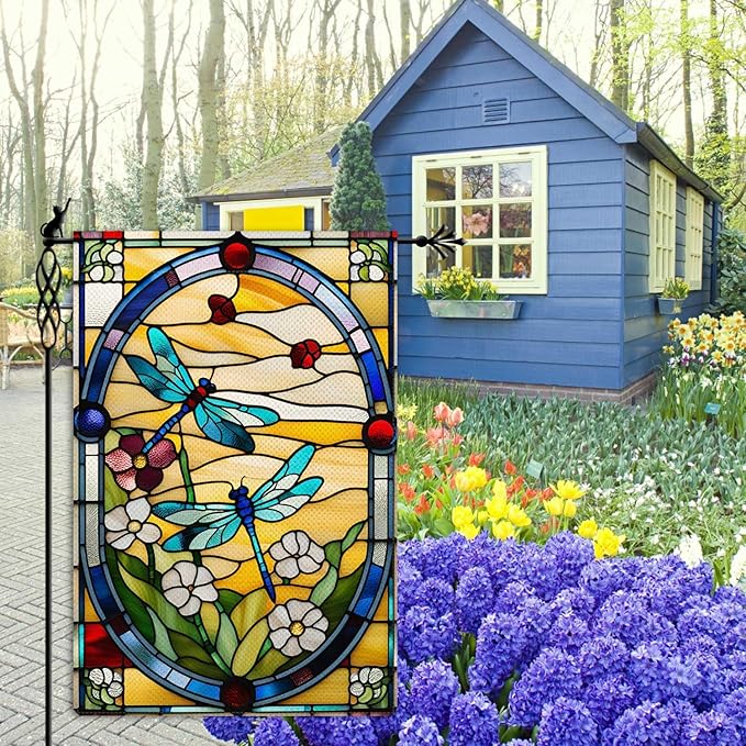 Spring Summer Dragonfly Garden Flag Stained Glass Style Floral Flowers Garden Flag Vertical Double Sided Rustic Farmland Burlap Yard Lawn Outdoor Decor 12.5x18"