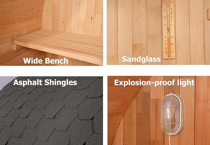 Outdoor Barrel Steam Sauna with Porch, Canadian Red Cedar Sauna 6 Person, 6KW ETL Toule Heater, 220V, Waterproofing System with Saunas Stones, Asphalt Shingles, Rubber Base(0-195℉)