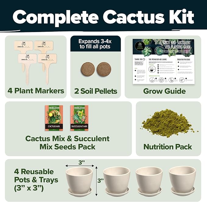 HOME GROWN Succulent & Cactus Seed Kit for Planting – [Enthusiasts Favorites] Premium Cactus & Succulent Starter Kit: 4 Planters, Drip Trays, Markers, Seeds Mix, Soil - DIY Gift Kits