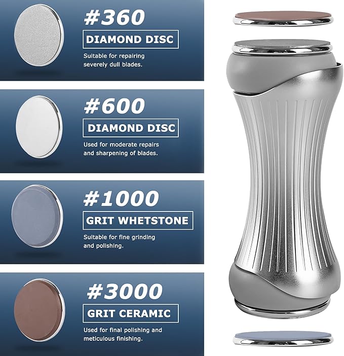 Rolling Knife Sharpener for Straight Edges - Premium Sharpening Kit for all Knife Set - 360 & 600 Diamond - 1000 & 3000 Discs for All Hardness Levels - Gripable Aluminum Body, 4 Angles