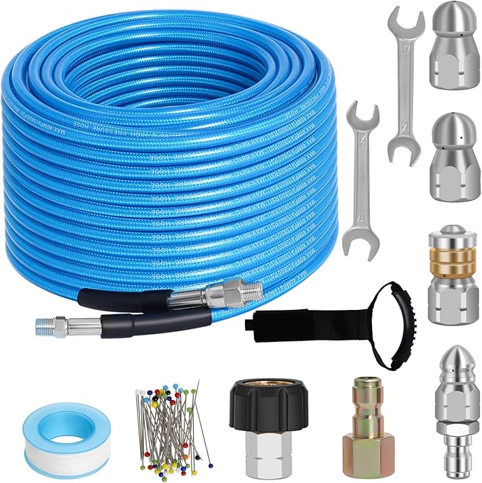 100 FT Sewer Jetter Kit for Pressure Washer, 5800PSI Water Jet Drain Cleaner Hose, 1/4 Inch NPT Corner with 4 Sewer Jetting Nozzles, Pearl Corsage Pin, Waterproof Tape, Handle Strap&2 Spanner (Blue)