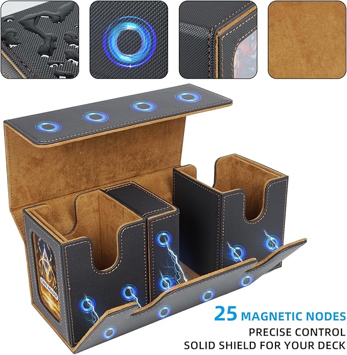 AFIING MTG Commander Deck Box 200 Double Sleeved Cards Storage, 3-in-1 Magnetic Card Case Organizer for Magic: The Gathering TCG CCG, 4 Dividers & 2 Toploaders (Black/Gold)