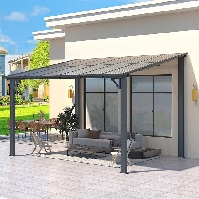 AECOJOY 12' x 8' Gazebo Outdoor Pergola for Patio, Hard Top Lean to 8x12 Gazebo Shelter Pergolas and Gazebos Clearance with Patio Roof, Large Wall-Mounted Heavy Duty Awnings for Patio, Decks, Backyard