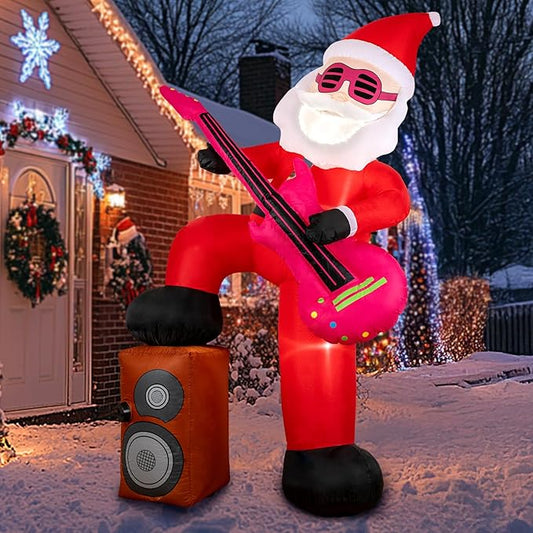 8ft Christmas Inflatable Outdoor Decorations, Blow up Yard Decor with Santa Claus Plays The Guitar and Sings While Stepping on The Speaker, Bright LED Lights Christmas Outdoor Decorations