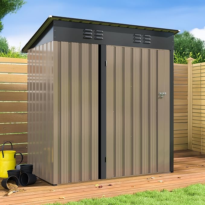 5x3 FT Outdoor Storage Shed, Garden Shed with Updated Frame Structure and Lockable Doors, Metal Tool Sheds for Backyard Garden Patio Lawn,Brown