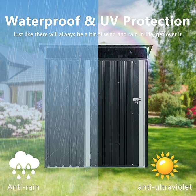 5X3 FT Outdoor Storage Shed, Waterproof Metal Garden Sheds with Lockable Door, Steel Tool Storage Buildings Shed & Outdoor Storage House for Garden, Backyard, Patio, Lawn, Trash Cans(Black)