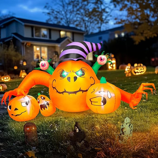 8FT Pumpkin Halloween Inflatables Outdoor Decoration with 7 LED Lights Built-in, Pumpkin Combo with Wizard Hat and Scary Hands, Blow Up Halloween Decor for Outside Yard Patio Lawn