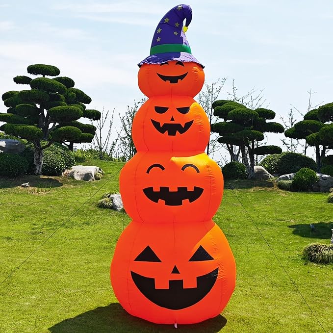 DearSun 12FT H Giant Halloween Inflatable Stacked Pumpkins with Witch's Hat, Blow up 4 Pumpkins Inflatable with Build-in LED Lights Outdoor Decorations Large Party Yard Decoration