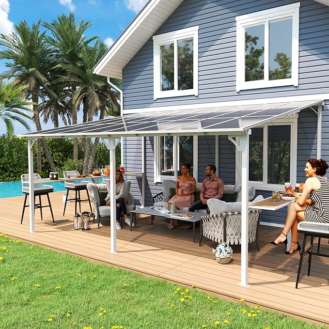 MEISSALIVVE 12' x 16' Wall Mounted Gazebo, Outdoor BBQ Grill Gazebo with Side Shelf, Lean to Metal Awnings with Sloped Roof, Heavy Duty Pergola for Backyard, Deck, White