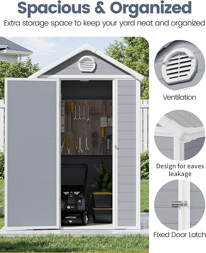 6x4.5 FT Plastic Sheds & Outdoor Storage, UV Resistant Storage Sheds Outdoor with Floor and Window, All-Weather Garden Resin Tool Shed for Lawn Mower, Yard Tools, Bike, Light Grey