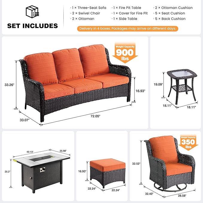 ovios 7 Pieces Patio Furniture Set, Outdoor Wicker Sofa Couch with Swivel Chairs 42" Fire Pit Table, High Back All Weather Modern Conversation Sets, Brown Rattan, Orange Red