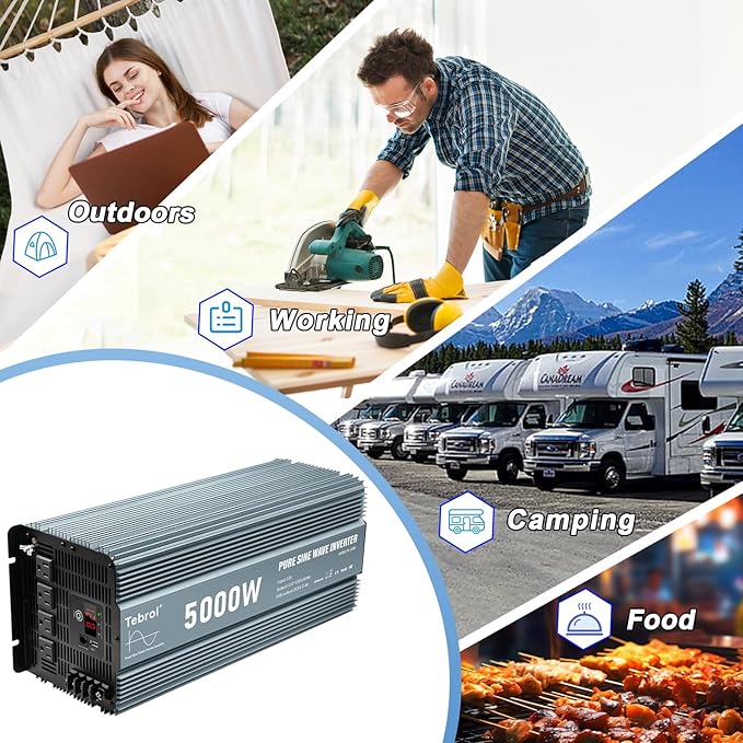 5000 watt Pure sine Wave car Power Inverter 12v to 110v /120V Inverter for car Vehicles Truck Camping Solar Panel Power Converter Adapter with Clamps Inverter 5000W