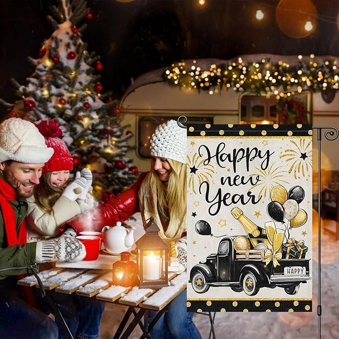 Heyfibro Happy New Year Truck Garden Flag 12x18 Inch Double Sided Black Gold Champagne Balloon Garden Flag Decorative Firework Yard Flags for Outside House Farmhouse Holiday Outdoor Decoration