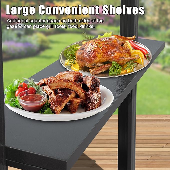 Domi 8x5FT Hardtop Grill Gazebo, Outdoor BBQ Gazebo with 2 Side Shelves and Bottle Opener, Outdoor Grill Canopy with Galvanized Steel Double Roof for Patio Lawn Backyard Deck, Grey