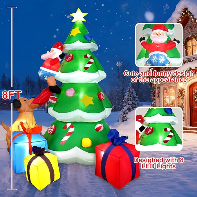 HFO 8ft Christmas Inflatable Outdoor Decorations, Blow up Christmas Tree Yard Decor with Dog Bite Santa Claus 3 Wrapped Gift Boxes, Bright LED Lights Christmas Outdoor Decorations