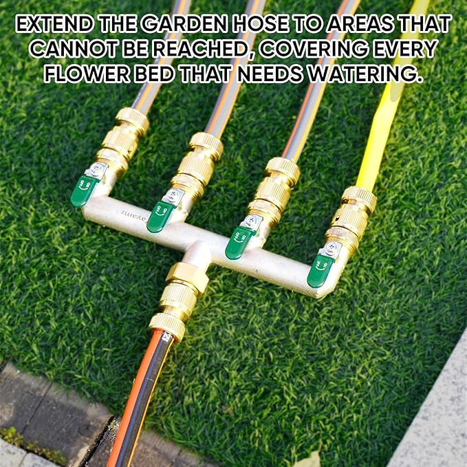 4 Way Garden Hose Splitter, Heavy Duty Brass Nickel Plated Rust Resistant Faucet Manifold, 3/4" Frost Resistant Outdoor Hose Adapter Connector，Hose Spigot Adapter with 4 large Green handles