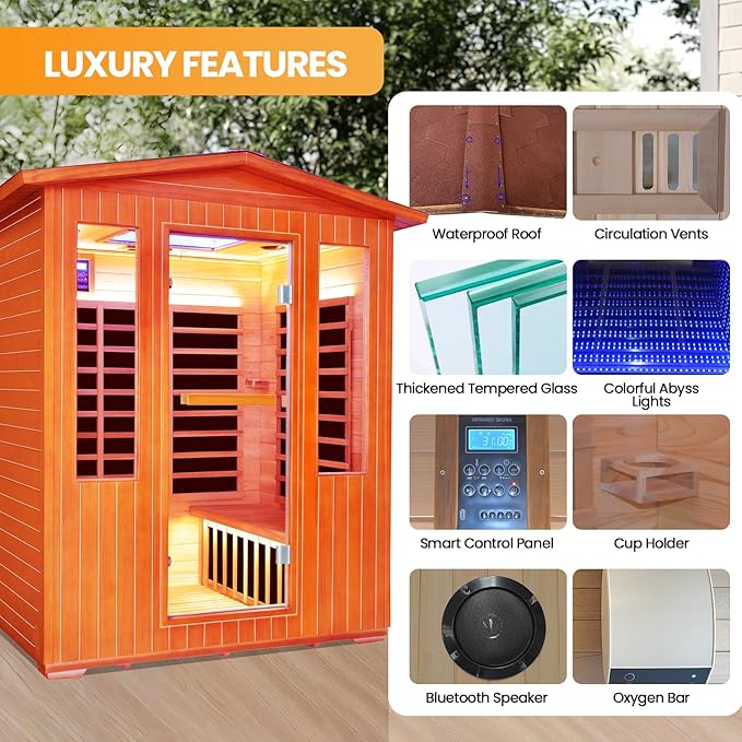 4 Person Outdoor Sauna Far Infrared Saunas Dry Sauna Room Wood Wooden Sauna Outdoor and Red Cedar Low EMF 2600W/240V with Oxygen Bar, 7 Color Light, Control Panel, Speaker - 62.2 * 46.9 * 81.9 in