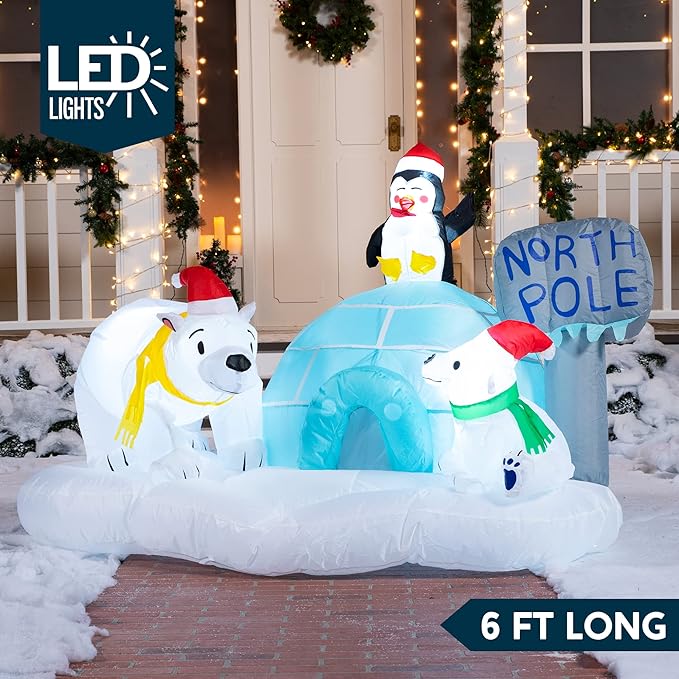 Joiedomi 6 FT Long Christmas Inflatable North Pole with Build-in LEDs, Blow Up Inflatable Polar Bears & Penguin for Xmas Party Indoor, Outdoor, Yard, Garden, Lawn Décor, Holiday Season Decorations