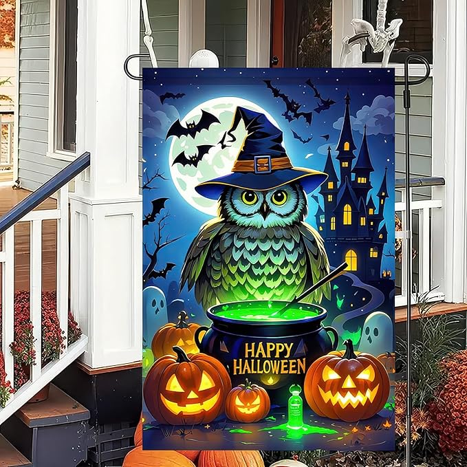 Garden Flags 12x18 Inch Halloween Garden Flag Fall Flags for Outside Vertical Double-Sided Owl Witch Cauldron Pumpkin Haunted Castle Outdoor Holiday Yard Banner for Porch Lawn Decoration
