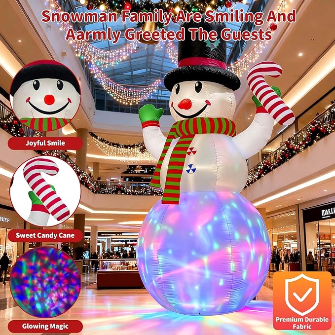12FT Christmas Inflatables Snowman Outdoor Decorations, Giant Christmas Blow Up Snowman Inflatable in Waving Pose with Candy Cane, Rotating Colorful LED Light for Holiday Party Garden Yard Deco