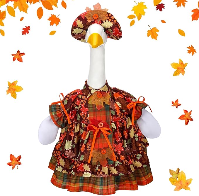 Suzile Autumn Goose Outfit Fall Maple Dresses Clothes for 23" High Cement or Plastic Porch Goose Costume for Yard Lawn Outdoor Garden Patio Statue Thanksgiving Party Xmas Holiday Decor