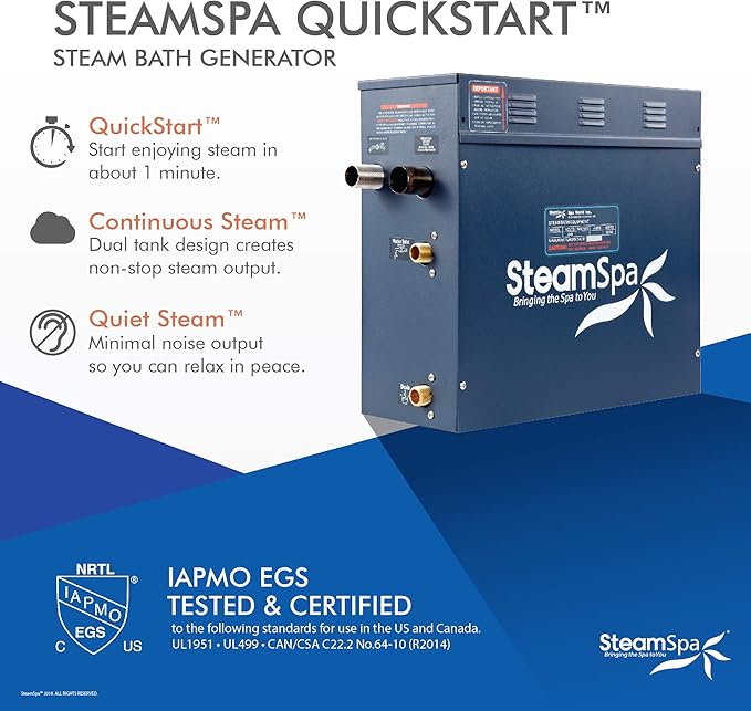 SteamSpa 7.5kW Steam Sauna Generator Executive Bundle 240V Steam Generator with Touch Pad, Steamheads, Pressure Relief Valve, Built-in Auto Drain, LED Light, Filter and Quick Install Kit EXT750CH-A