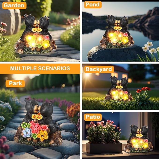 Solar Bear Garden Statues,Waterprrof Bear Outdoor Decor Resin Black Bear Figurine for Yard and Garden,Gifts for Mom, Women