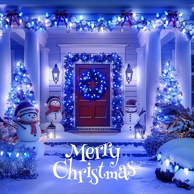 Brightown C9 LED Christmas Lights Outdoor, 33ft 50 LED Waterproof Strawberry String Lights, Extendable Green Wire Lights String for Outdoor Indoor Patio Party Decoration, Blue and White