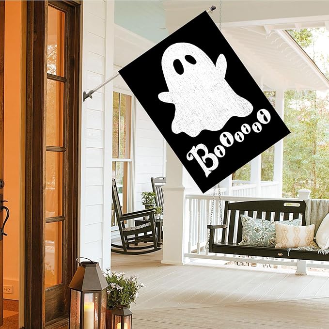 DECORLUXES Halloween Ghost House Flag 28x40 Double Sided, Garden Flags Garden Outside Decor, Boo Black Holiday Yard Outdoor Decoration for Home (House + Garden flag)