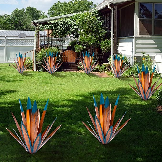 TOMBABY Large Leaf Thickened Metal Agave Plant Outdoor Decoration Desert Courtyard Art Plant Garden Decoration Outdoor Metal Art Floral Gift (1, Blue)