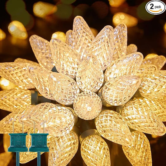 Brightown C9 LED Christmas String Lights, 2 Pack - 33ft 50 LED Waterproof Strawberry String Lights, Extendable Green Wire Lights String for Outdoor Indoor Patio Party Decoration (Warm White)