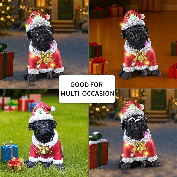 Christmas Outdoor Decoration Dog Statue, LED Light Cute English Bulldog Sculpture with Santa Outfit & Lights for Garden and Yard, Indoor Holiday Décor Gift for mom and dad