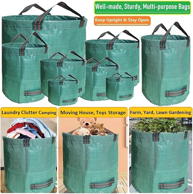 Standard 2-Pack 32 Gallon Yard Garden Bags (D18, H30 inch) with Gardening Gloves for Yard Waste,Debris Bags,Recycling Bin,Camping Trash Container,Laundry Bag,Lawn Grass Clippings,Leaf Bag w/ 4 Handles