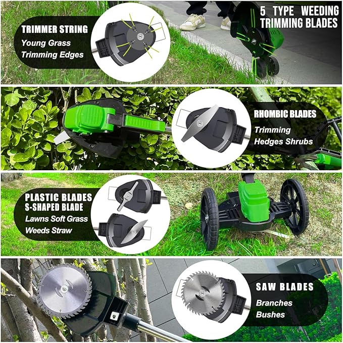 Cordless Weed Wacker Eater Battery Powered, 21V Lightweight Electric Weed Trimmer with 2 Battery Operated & Charger& Wheels & Shears, No-String Grass Trimmer/Brush Cutter/Lawn Edger for Yard Garden