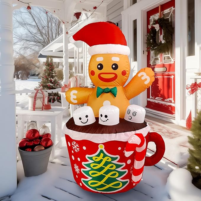 WBHome 5 Ft Christmas Inflatable Gingerbread Man in Cocoa Outdoor Decorations, Xmas Blow Up Yard Decor with Built-in LED Light for Lawn Home Party Indoor Outdoor