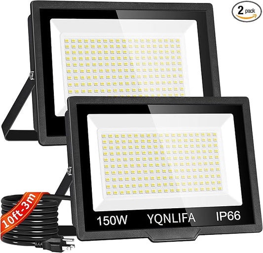 150W Outdoor LED Flood Lights with 10FT Power Cord, 18000LM 5000K White Floodlight, IP66 Waterproof Plug in Flood Light Outdoor Yard Lights for Garden, Garage, Yard, Lawn, Stadium(2 Pack)