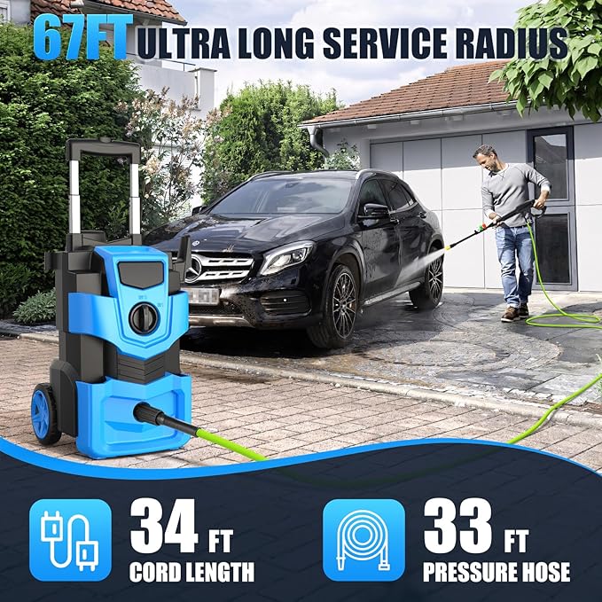 Pressure Cleaner with 33FT Flexible Extension Hose + 34FT Power Cord, 4 Nozzles, Foam Cannon, Best Power Cleaner for Cars, Patios, Driveways, Blue