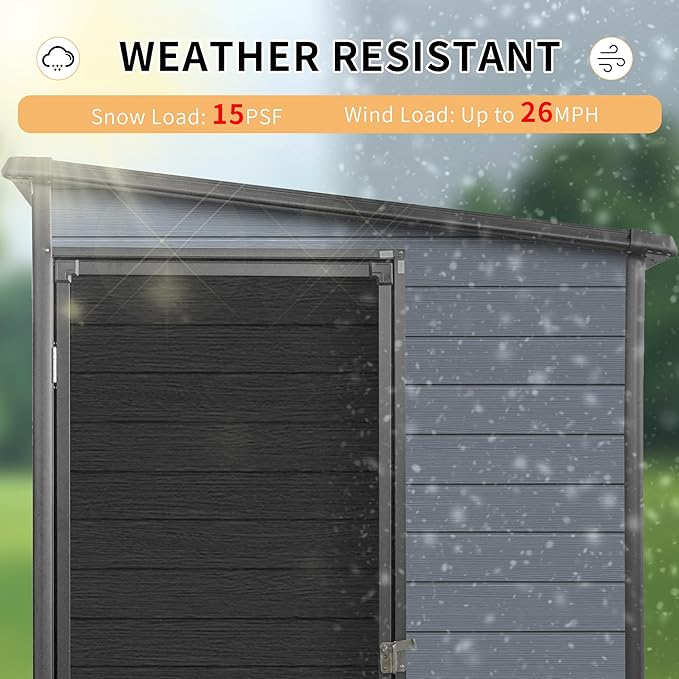LANTRO JS 4x8FT Plastic Storage Shed with Floor, Outdoor Storage Shed with Floor Included, with 2 Windows and Lockable Door, Backyard Storage Sheds for Garden Tools, Bike, Gray and Black