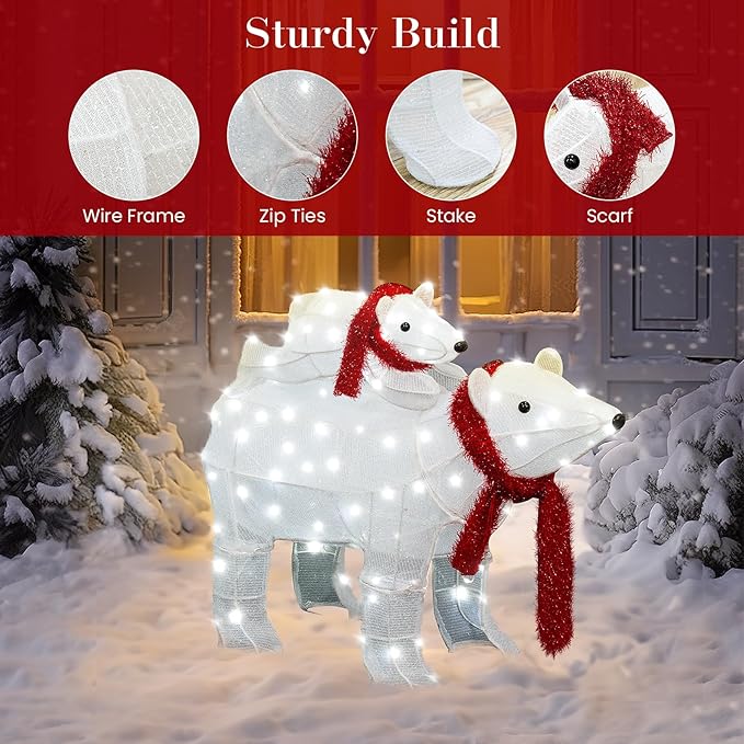 AWQM 3-Piece Lighted Polar Bear Family,Large Outdoor Indoor Christmas Decorations for Front Yard,Holiday Light Up Decorations w/ 210 LED Lights, Stakes, Zip Ties - White
