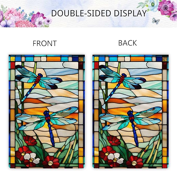 Spring Summer Dragonfly Garden Flag Glass Style Flowers Garden Flag Vertical Double Sided Rustic Farmland Burlap Yard Lawn Outdoor Decor 12.5x18"