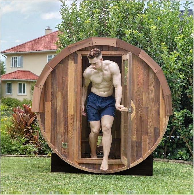 Smartmak Customized Outdoor Wood Barrel Steam Sauna, 2-10 Person Home Traditional Canadian Wooden Spa Room, with DIY Heating Stove, Rocks, Water Bucket, Spoon, Light, for Backyard, Garden, 195 ℉
