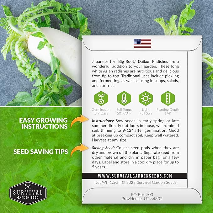Survival Garden Seeds - Daikon Radish Seed for Planting - 3 Packs with Instructions to Plant and Grow Japanese Radish Vegetables in Your Home Vegetable Garden - Non-GMO Heirloom Variety