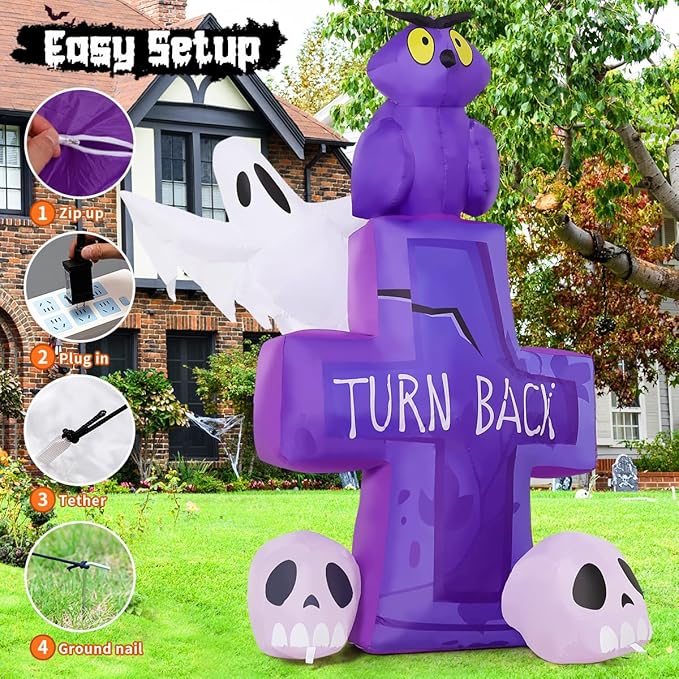 GOOSH 6FT Halloween Inflatables Outdoor Decoration - Halloween Blow Up Decorations Outside Inflatable Owl on Tombstone Ghost Skull with LED Lights for Decor Party Garden Lawn